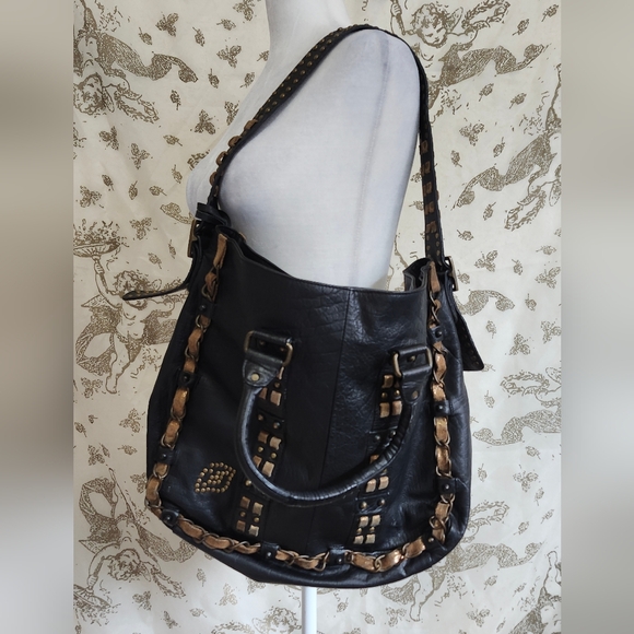 Vintage y2k Gothic chain link black heavy real leather Betsey Johnson satchel - Picture 1 of 15